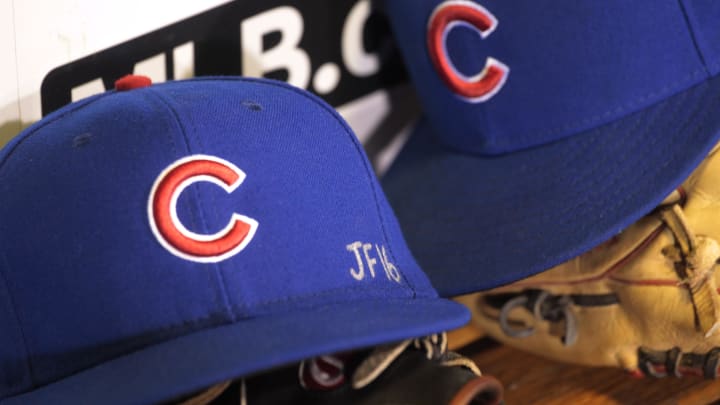 Sep 26, 2016; Pittsburgh, PA, USA; A detail view of a tribute to Miami Marlin pitcher Jose Fernandez on the hat worn by Chicago Cubs center fielder Albert Almora Jr. (not pictured) against the Pittsburgh Pirates at PNC Park.