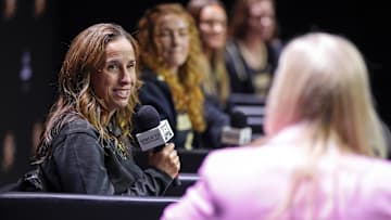 Oct 22, 2024; Kansas City, MO, USA; Colorado Buffaloes head coach JR Payne talks to media during the Big 12 Women’s Basketball Media Day at T-Mobile Center.