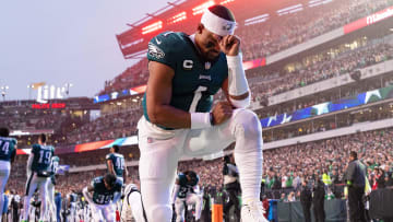 Dec 3, 2023; Philadelphia, Pennsylvania, USA; Philadelphia Eagles quarterback Jalen Hurts (1) kneels