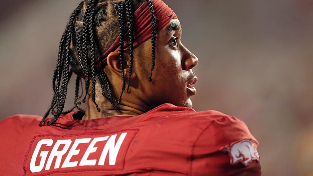 Aug 29, 2024; Little Rock, Arkansas, USA; Arkansas Razorbacks quarterback Taylen Green (10) during the second half against the Pine Bluff Golden Lions at War Memorial Stadium. Arkansas won 70-0. Mandatory Credit: Nelson Chenault-Imagn Images