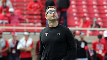 Oct 20, 2018; Lubbock, TX, USA; Texas Tech Red Raiders head coach Kliff Kingsbury checks out the clouds before the game against the Kansas Jayhawks at Jones AT&T Stadium. Mandatory Credit: Michael C. Johnson-Imagn Images
