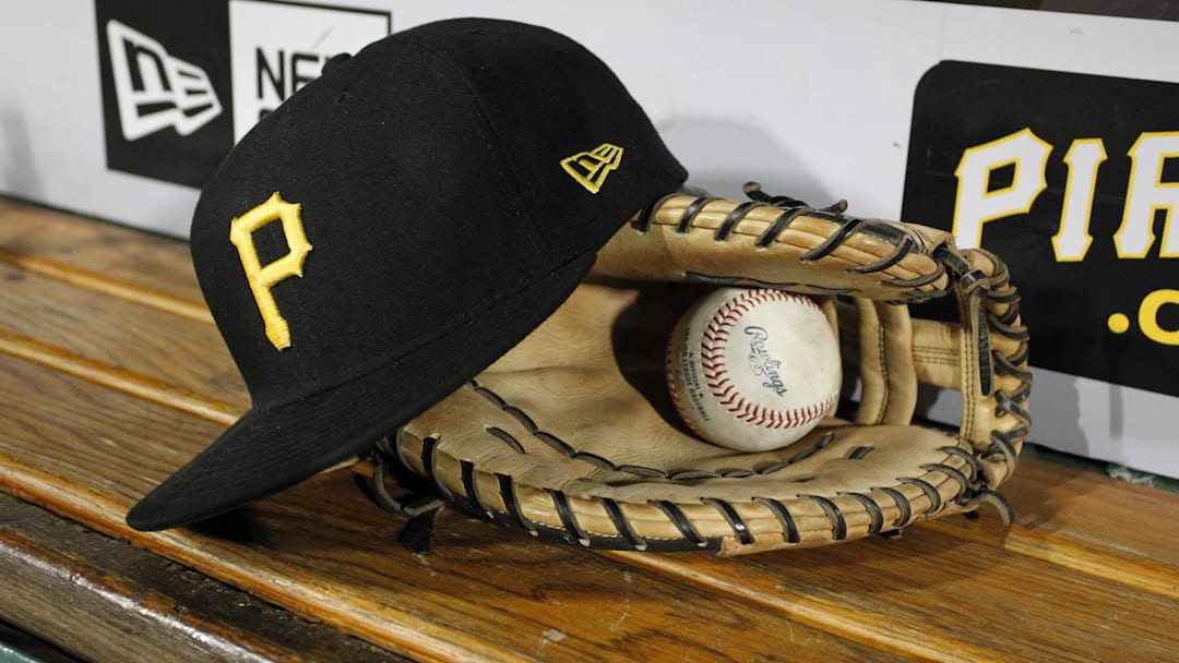 Jul 14, 2017; Pittsburgh, PA, USA; Pittsburgh Pirates equipment sits in the dugout after the game against the St. Louis Cardinals at PNC Park. Mandatory Credit: Charles LeClaire-Imagn Images