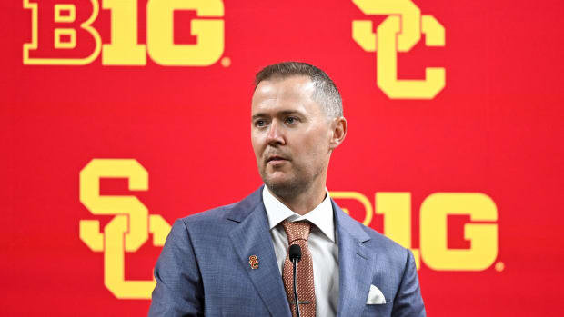 Jul 24, 2024; Indianapolis, IN, USA;  USC Trojans head coach Lincoln Riley speaks to the media during the Big 10 football med