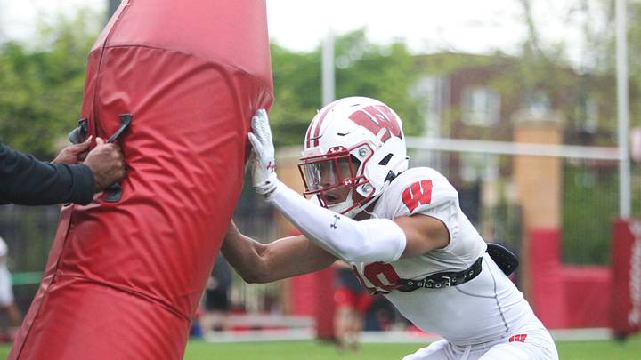 Wisconsin defensive back Nyzier Fourqurean warms up during the team's final spring practice, which was held on the field north of Camp Randall Stadium on Thursday May 2, 2024 in Madison, Wisconsin.