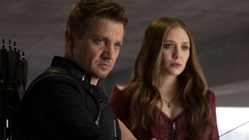 Marvel's Captain America: Civil War..L to R: Hawkeye/Clint Barton (Jeremy Renner) and Scarlet Witch/Wanda Maximoff (Elizabeth Olsen)..Photo Credit: Zade Rosenthal..© Marvel 2016
