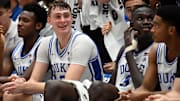 Feb 12, 2025; Durham, North Carolina, USA;Duke Blue Devils forward Cooper Flagg (2) reacts on the bench during the second half against the California Golden Bears at Cameron Indoor Stadium. Mandatory Credit: Rob Kinnan-Imagn Images