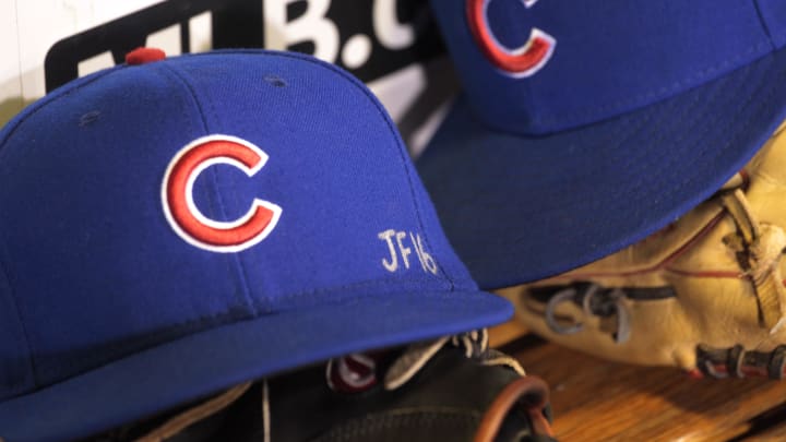 Sep 26, 2016; Pittsburgh, PA, USA; A detail view of a tribute to Miami Marlin pitcher Jose Fernandez on the hat worn by Chicago Cubs center fielder Albert Almora Jr. (not pictured) against the Pittsburgh Pirates at PNC Park.