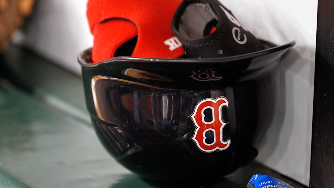 Aug 29, 2014; St. Petersburg, FL, USA; A detailed view of Boston Red Sox left fielder Yoenis Cespedes (52) helmet in the dugout against the Tampa Bay Rays at Tropicana Field. Mandatory Credit: Kim Klement-Imagn Images