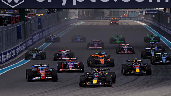 May 4, 2024; Miami Gardens, Florida, USA; Red Bull Racing driver Max Verstappen (1) leads the start