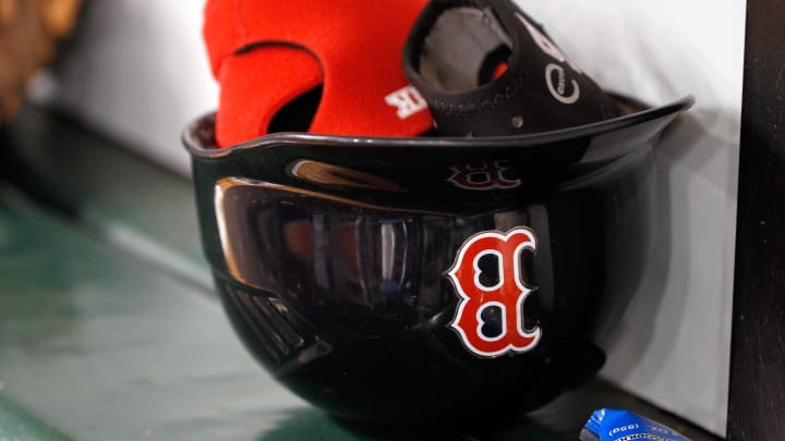 Aug 29, 2014; St. Petersburg, FL, USA; A detailed view of Boston Red Sox left fielder Yoenis Cespedes (52) helmet in the dugout against the Tampa Bay Rays at Tropicana Field. Mandatory Credit: Kim Klement-USA TODAY Sports