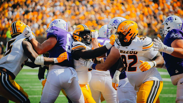 Missouri's Kristian Williams (92) fights thought the Wildcats' offensive line during a game against Abilene Christian on Sept. 17, 2022 at Faurot Field in Columbia.