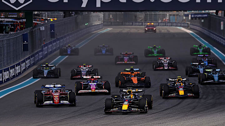 May 4, 2024; Miami Gardens, Florida, USA; Red Bull Racing driver Max Verstappen (1) leads the start of the F1 Sprint Race at Miami International Autodrome. Mandatory Credit: Peter Casey-Imagn Images