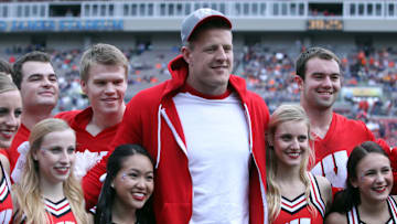 Jan 1, 2015; Tampa, FL, USA; Houston Texans defensive end J.J. Watt  posses for a picture with the Wisconsin Badgers cheerleaders prior to the game in the 2015 Outback Bowl against the Auburn Tigers at Raymond James Stadium. Mandatory Credit: Kim Klement-Imagn Images