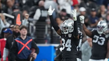 Dec 22, 2024; Paradise, Nevada, USA; Las Vegas Raiders safety Thomas Harper (34) celebrates in the fourth quarter against the Jacksonville Jaguars at Allegiant Stadium. Mandatory Credit: Kirby Lee-Imagn Images