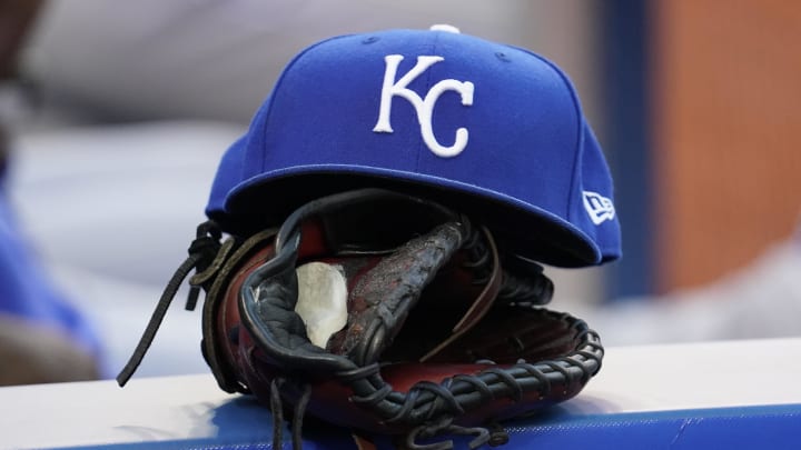 Jul 30, 2021; Toronto, Ontario, CAN; A Kansas City Royals hat and glove in the dugout during a game against the Toronto Blue Jays at Rogers Centre. Mandatory Credit: John E. Sokolowski-USA TODAY Sports