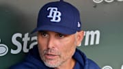 Sep 13, 2025; Chicago, Illinois, USA; Tampa Bay Rays manager Kevin Cash (16) answers questions from the media prior to a game against the Chicago Cubs at Wrigley Field. 