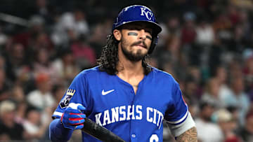 Jul 6, 2025; Phoenix, Arizona, USA; Kansas City Royals second base Jonathan India (6) reacts after striking out against the Arizona Diamondbacks in the fourth inning at Chase Field. Mandatory Credit: Rick Scuteri-Imagn Images