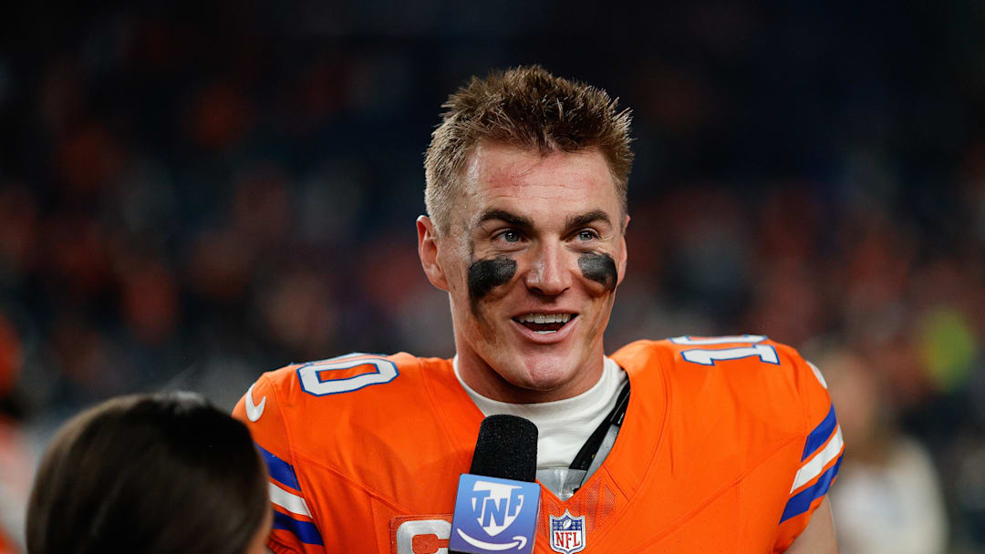 Nov 6, 2025; Denver, Colorado, USA; Denver Broncos quarterback Bo Nix (10) after the game against the Las Vegas Raiders at Empower Field at Mile High. 