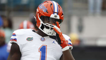 Oct 29, 2022; Jacksonville, Florida, USA; Florida Gators linebacker Brenton Cox Jr. (1) prior to the game against the Georgia Bulldogs at TIAA Bank Field. Mandatory Credit: Kim Klement-USA TODAY Sports
