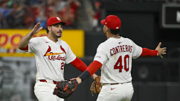 Jun 24, 2025; St. Louis, Missouri, USA;  St. Louis Cardinals third baseman Nolan Arenado (28) celebrates with first baseman Willson Contreras (40) after the Cardinals defeated the Chicago Cubs at Busch Stadium. Mandatory Credit: Jeff Curry-Imagn Images