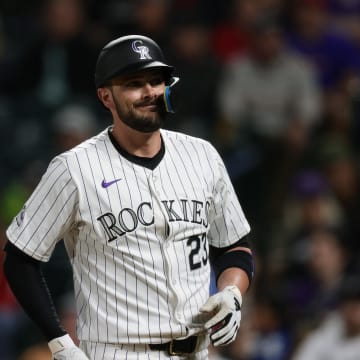 May 24, 2024; Denver, Colorado, USA; Colorado Rockies designated hitter Kris Bryant (23) reacts after a pitch in the tenth inning against the Philadelphia Phillies at Coors Field. Isaiah J. Downing-USA TODAY Sports