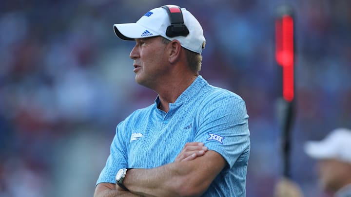 Kansas Jayhawks head coach Lance Leipold looks on during the first half of the game against Lindenwood Lions Thursday, August 29, 2024 at Children's Mercy Park.