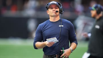 Oct 20, 2024; Atlanta, Georgia, USA; Seattle Seahawks head coach Mike Macdonald on the sideline against the Atlanta Falcons in the fourth quarter at Mercedes-Benz Stadium. Mandatory Credit: Brett Davis-Imagn Images
