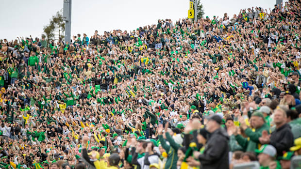 Oregon fans dance to “Shout” during the Oregon Ducks’ Spring Game Saturday, April 27. 2024 at Autzen Stadium in Eugene, Ore.