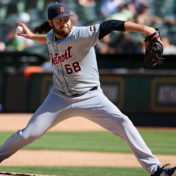 Sep 7, 2024; Oakland, California, USA; Detroit Tigers pitcher Jason Foley (68) throws a pitch against the Oakland Athletics during the ninth inning at Oakland-Alameda County Coliseum.