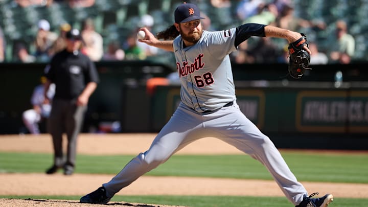 Sep 7, 2024; Oakland, California, USA; Detroit Tigers pitcher Jason Foley (68) throws a pitch against the Oakland Athletics during the ninth inning at Oakland-Alameda County Coliseum.