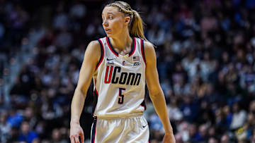 Mar 8, 2025; Uncasville, CT, USA; UConn Huskies guard Paige Bueckers (5) returns up court against the St. John's Red Storm in the first half at Mohegan Sun Arena.