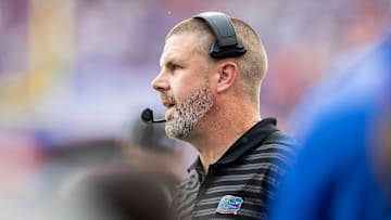 Sep 14, 2024; Gainesville, Florida, USA; Florida Gators head coach Billy Napier looks on against the Texas A&M Aggies during the first half at Ben Hill Griffin Stadium. Mandatory Credit: Matt Pendleton-Imagn Images