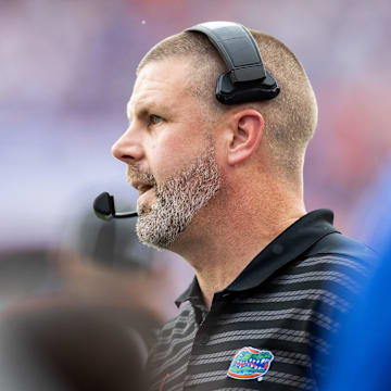 Sep 14, 2024; Gainesville, Florida, USA; Florida Gators head coach Billy Napier looks on against the Texas A&M Aggies during the first half at Ben Hill Griffin Stadium. Mandatory Credit: Matt Pendleton-Imagn Images