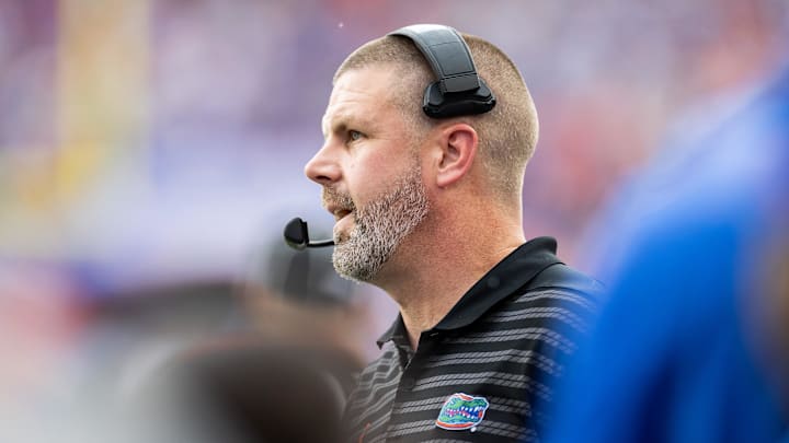 Sep 14, 2024; Gainesville, Florida, USA; Florida Gators head coach Billy Napier looks on against the Texas A&M Aggies during the first half at Ben Hill Griffin Stadium. Mandatory Credit: Matt Pendleton-Imagn Images