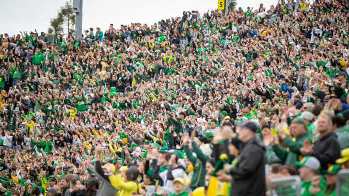 Oregon fans dance to “Shout” during the Oregon Ducks’ Spring Game Saturday, April 27. 2024 at Autzen Stadium in Eugene, Ore.