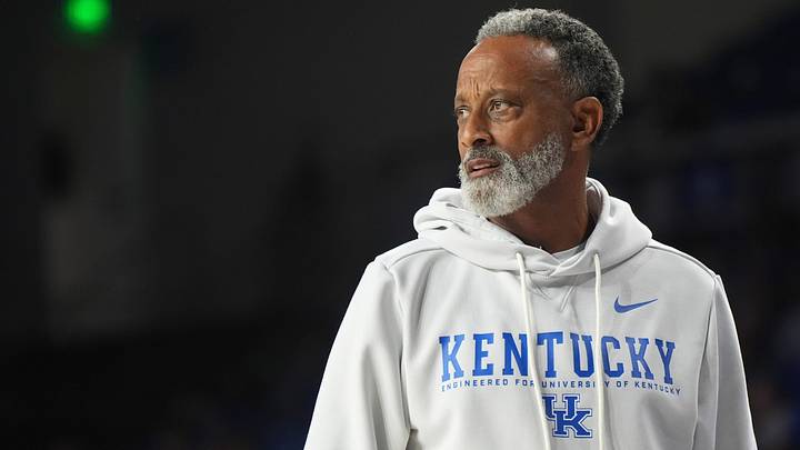 Kentucky’s coach Kenny Brooks watches the play as the Blue and White team scrimmaged each other in Memorial Coliseum Friday night.
Oct. 17, 2025