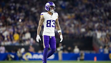 Jan 13, 2025; Glendale, AZ, USA; Minnesota Vikings wide receiver Jalen Nailor (83) against the Los Angeles Rams during an NFC wild card game at State Farm Stadium. Mandatory Credit: Mark J. Rebilas-Imagn Images