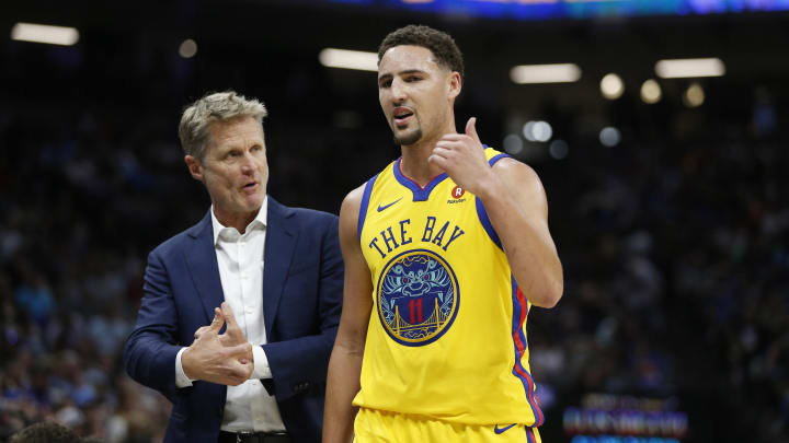 Mar 31, 2018; Sacramento, CA, USA; Golden State Warriors guard Klay Thompson (11) talks with head coach Steve Kerr during a break in the action against the Sacramento Kings in the second quarter at the Golden 1 Center. Mandatory Credit: Cary Edmondson-USA TODAY Sports Mar 31, 2018; Sacramento, CA, USA; Golden State Warriors guard Klay Thompson (11) talks with head coach Steve Kerr during a break in the action against the Sacramento Kings in the second quarter at the Golden 1 Center. Mandatory Credit: Cary Edmondson-USA TODAY Sports