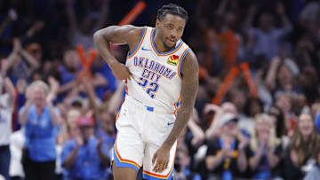Mar 27, 2025; Oklahoma City, Oklahoma, USA; Oklahoma City Thunder guard Cason Wallace (22) reacts after scoring against the Memphis Grizzlies during the second half at Paycom Center. Mandatory Credit: Alonzo Adams-Imagn Images