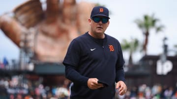 Aug 11, 2024; San Francisco, California, USA; Detroit Tigers manager A.J. Hinch (14) returns to the dugout after replacing the pitcher against the San Francisco Giants during the sixth inning at Oracle Park. 