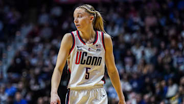 Mar 8, 2025; Uncasville, CT, USA; UConn Huskies guard Paige Bueckers (5) returns up court against the St. John's Red Storm in the first half at Mohegan Sun Arena. Mandatory Credit: David Butler II-Imagn Images