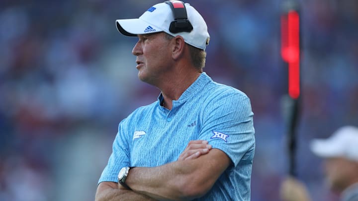 Kansas Jayhawks head coach Lance Leipold looks on during the first half of the game against Lindenwood Lions Thursday, August 29, 2024 at Children's Mercy Park. Kansas Jayhawks head coach Lance Leipold looks on during the first half of the game against Lindenwood Lions Thursday, August 29, 2024 at Children's Mercy Park.