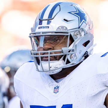 October 8, 2023; Santa Clara, California, USA; Dallas Cowboys guard Chuma Edoga (71) before the game against the San Francisco 49ers at Levi's Stadium. Mandatory Credit: Kyle Terada-Imagn Images