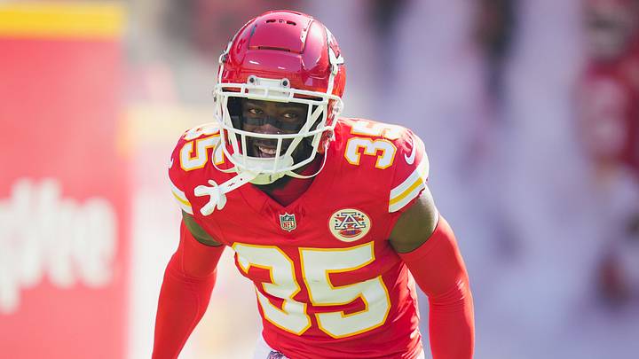 Sep 28, 2025; Kansas City, Missouri, USA; Kansas City Chiefs cornerback Jaylen Watson (35) takes the field prior to a game against the Baltimore Ravens at GEHA Field at Arrowhead Stadium. Mandatory Credit: Jay Biggerstaff-Imagn Images
