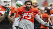 National team offensive lineman Marcus Mbow of Purdue (63) celebrates