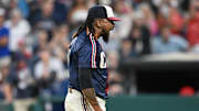 Jul 18, 2025; Cleveland, Ohio, USA; Cleveland Guardians pitcher Emmanuel Clase (48) reacts after the final out as the Guardians defeat the Athletics at Progressive Field. Mandatory Credit: Ken Blaze-Imagn Images