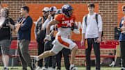 Jan 29, 2025; Mobile, AL, USA;  American team wide receiver Jack Bech of TCU (7) runs after a catch during Senior Bowl practice for the American team at Hancock Whitney Stadium. Mandatory Credit: Vasha Hunt-Imagn Images