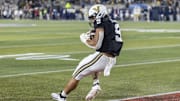 Dec 27, 2024; Birmingham, AL, USA;  Vanderbilt Commodores tight end Eli Stowers (9) grabs a touchdown pass against the Georgia Tech Yellow Jackets during the second half of the 2024 Birmingham Bowl at Protective Stadium. Mandatory Credit: Vasha Hunt-Imagn Images