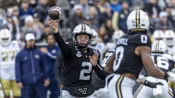 Dec 27, 2024; Birmingham, AL, USA;  Vanderbilt Commodores quarterback Diego Pavia (2) throws the ball to Vanderbilt Commodores wide receiver Junior Sherrill (0) during the first half of the 2024 Birmingham Bowl at Protective Stadium. Mandatory Credit: Vasha Hunt-Imagn Images