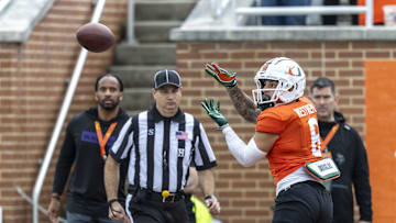 Jan 30, 2025; Mobile, AL, USA; National team wide receiver Xavier Restrepo of Miami (6) grabs a pass during Senior Bowl practice for the National team at Hancock Whitney Stadium. Mandatory Credit: Vasha Hunt-Imagn Images